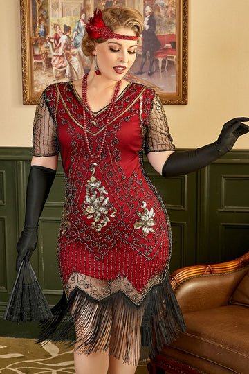Czerwona Plus Size Sukienka Wielki Gatsby z Frędzlami z Zestawem Akcesoria Lata 20